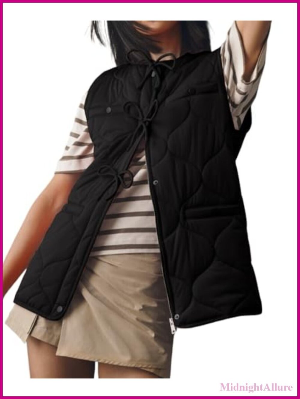 Quilted Puffer Vest Collarless Bow Snap Lightweight Padded Winter Outerwear